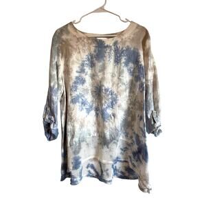 Ali Miles blue tie dye linen top long roll tab sleeve netting coastal Size L